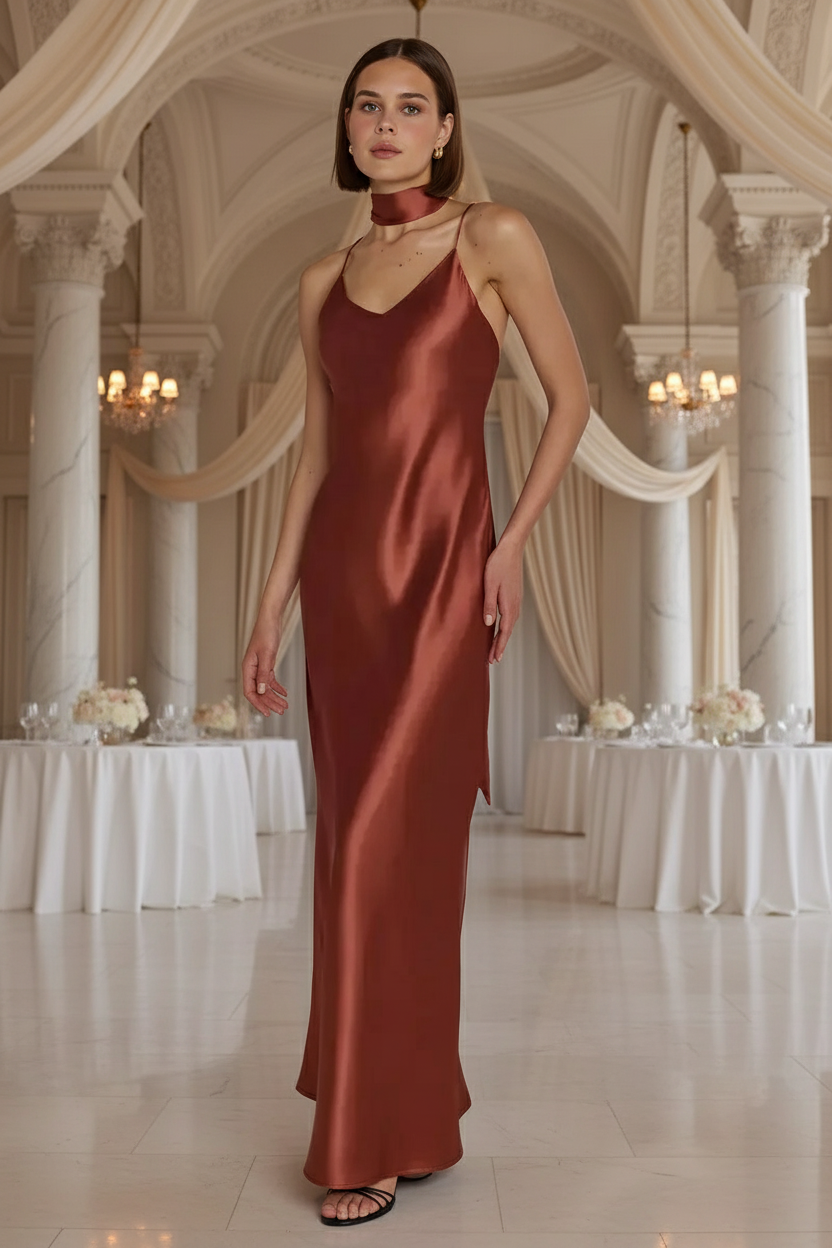 Bridesmaid in a terracotta brown/red satin dress standing in an elegant hall at a posh wedding reception venue with white columns and tables.
