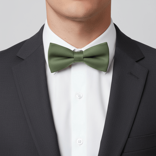 Green bow tie worn with a black suit and white shirt on a plain background