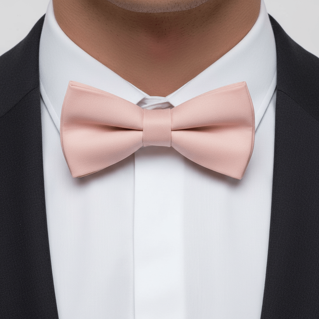 Pink bow tie worn with a black suit and white shirt