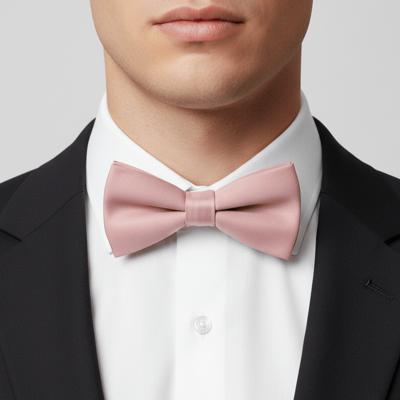 Man wearing a black suit with a white shirt and pink bow tie on a light gray background