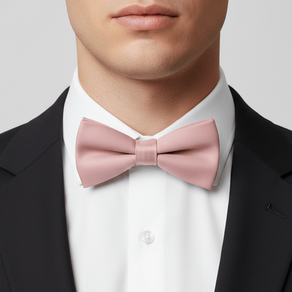 Man wearing a black suit with a white shirt and pink bow tie on a light gray background