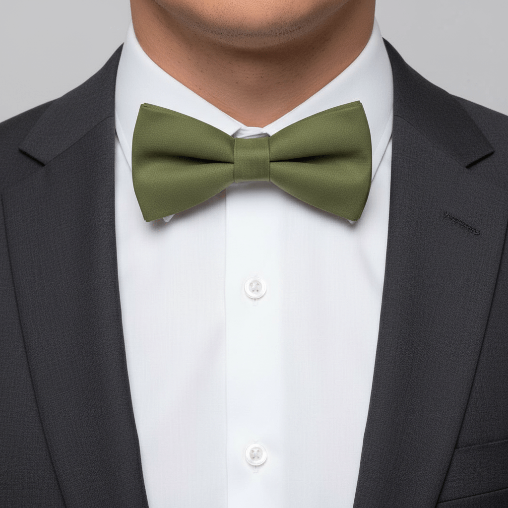 Green bow tie worn with a black suit and white shirt on a gray background