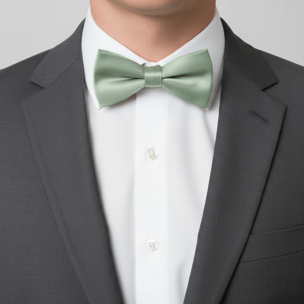 Green bow tie worn with a gray suit and white shirt on a light gray background