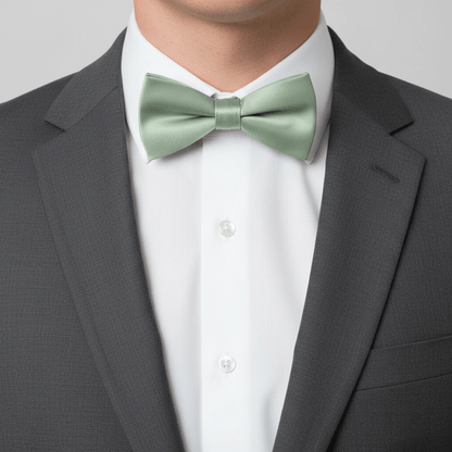 Green bow tie worn with a gray suit and white shirt on a light gray background