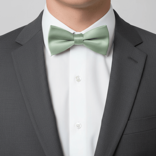 Green bow tie worn with a gray suit and white shirt on a light gray background