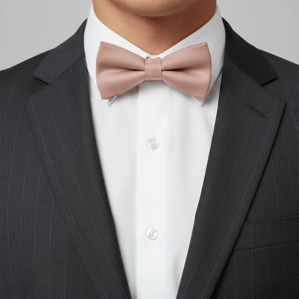 Man wearing a dark suit with a white shirt and pink bow tie on a gray background