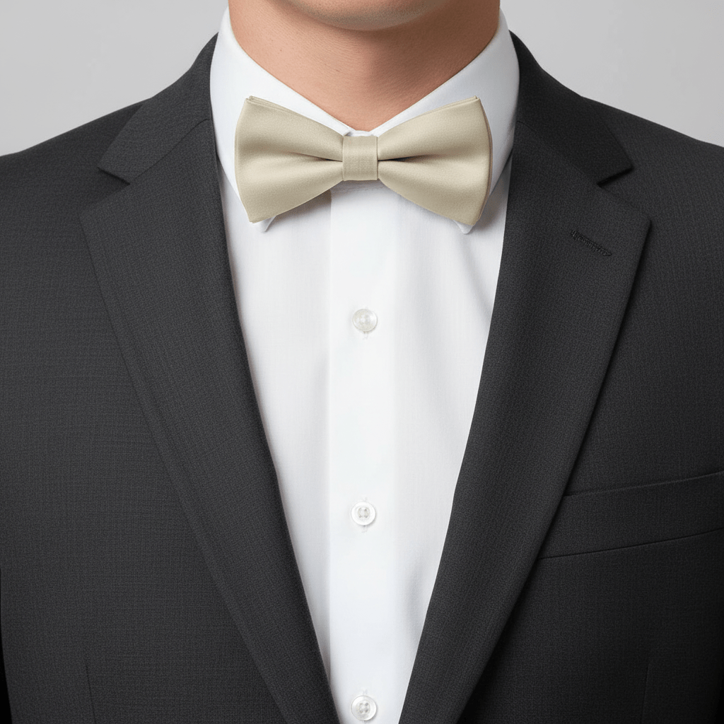 Man wearing a black suit with a white shirt and beige bow tie against a gray background