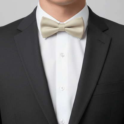 Man wearing a black suit with a white shirt and beige bow tie against a gray background