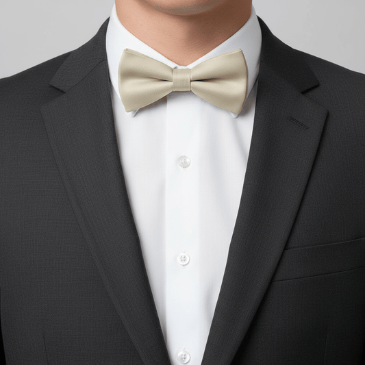 Man wearing a black suit with a white shirt and beige bow tie against a gray background