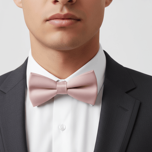 Man wearing a black suit with a white shirt and pink bow tie on a light gray background