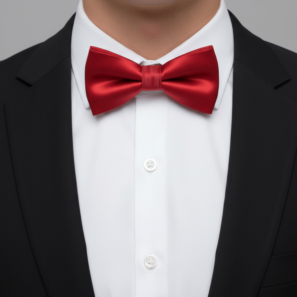 Red bow tie on a black suit jacket and white shirt against a gray background