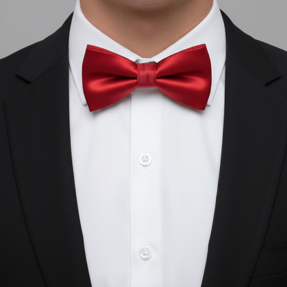 Red bow tie on a black suit jacket and white shirt against a gray background