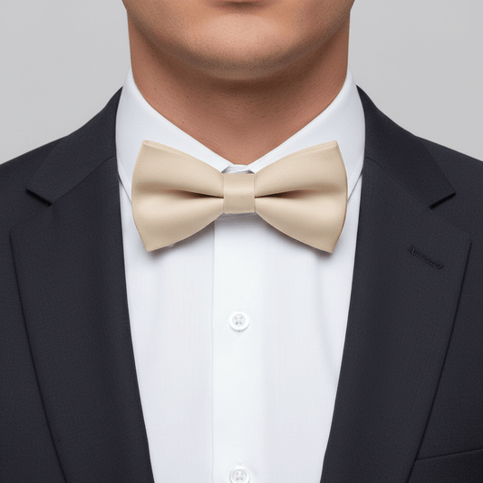Man wearing a beige bow tie with a black suit and white shirt.