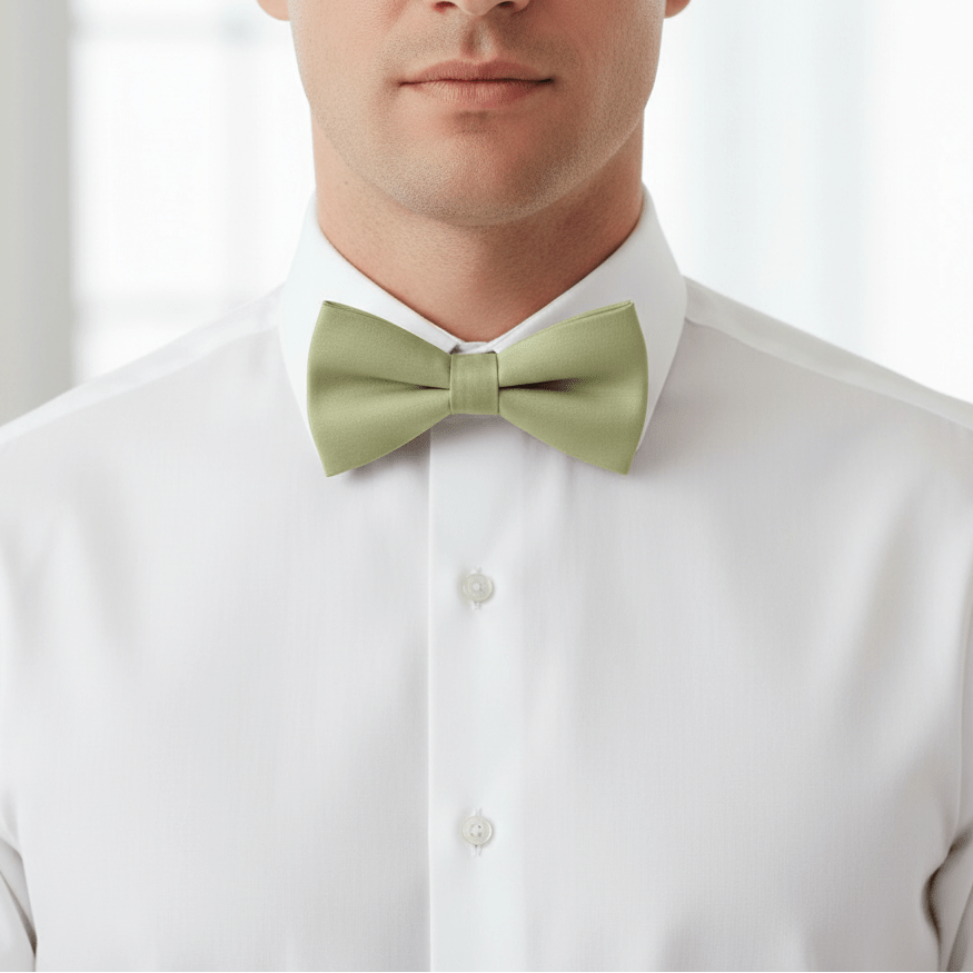 Man wearing a light green bow tie and white shirt against a plain background