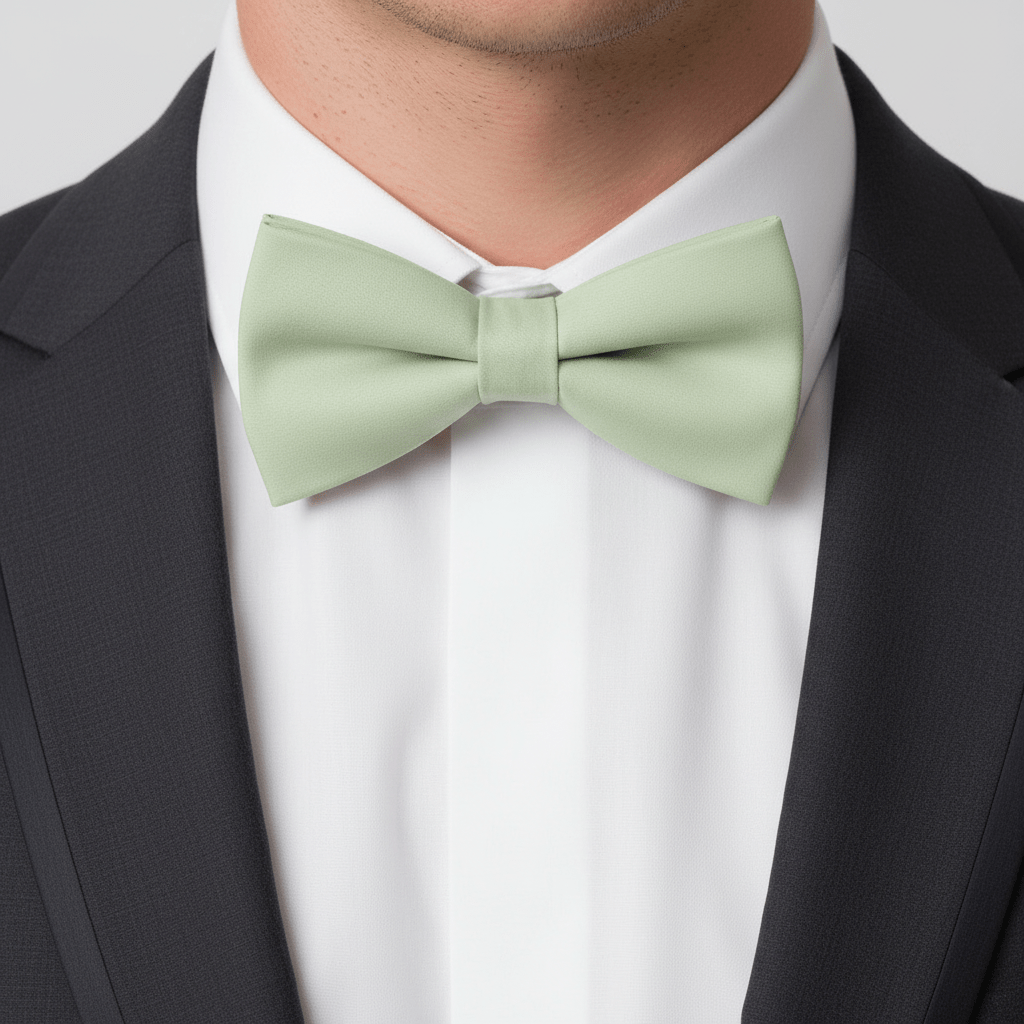 Light green bow tie worn with a black suit and white shirt.
