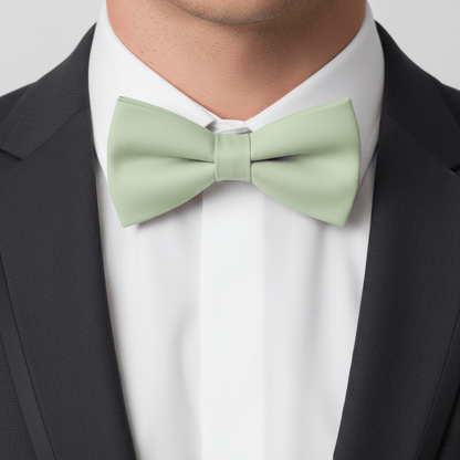 Light green bow tie worn with a black suit and white shirt.