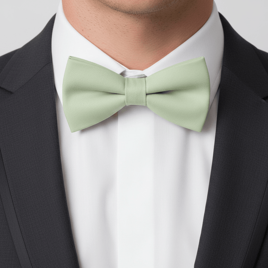 Light green bow tie worn with a black suit and white shirt.