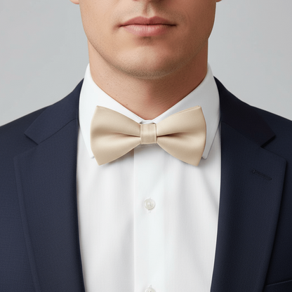 Man wearing a navy suit with a white shirt and beige bow tie against a gray background