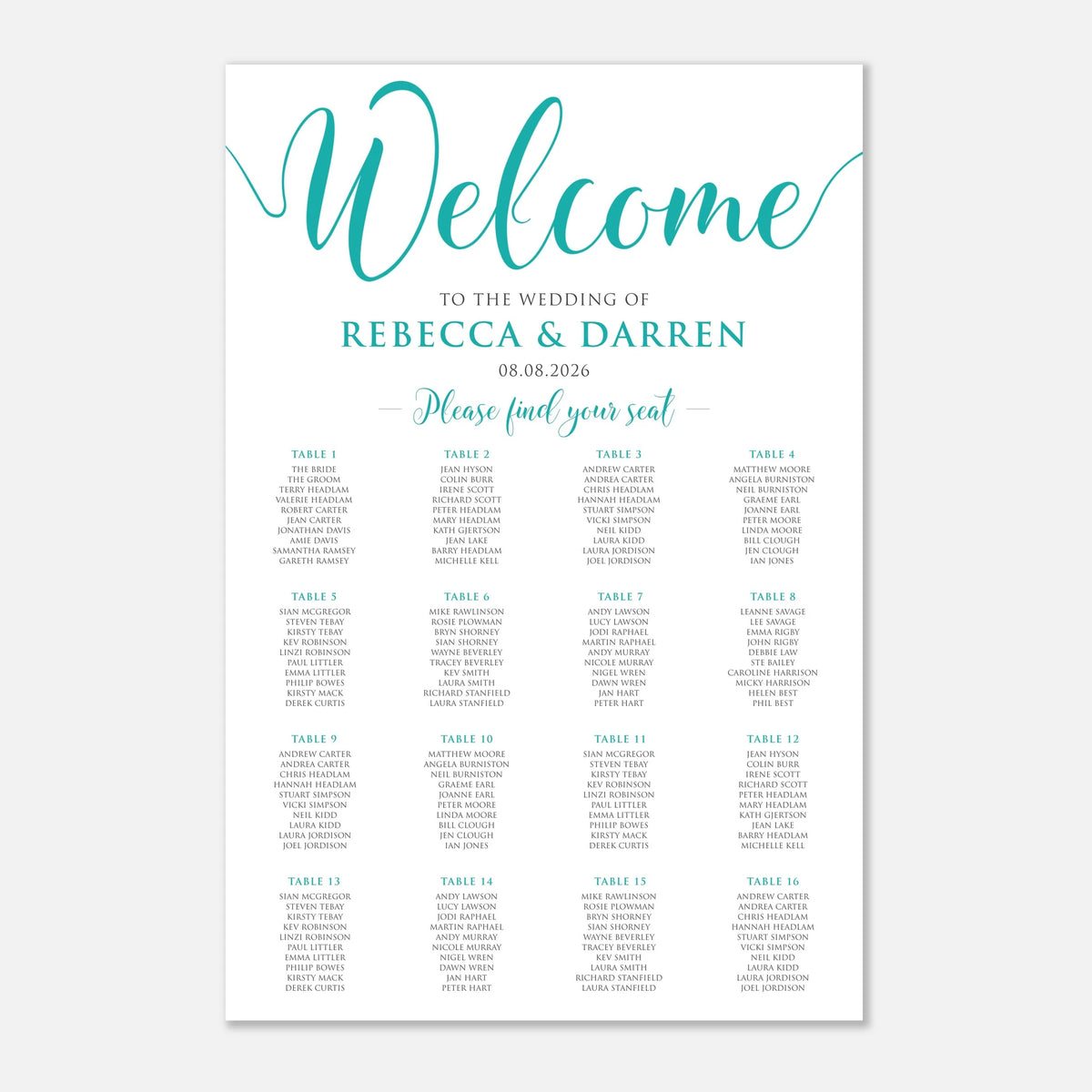 A wedding reception seating chart print with a white background, teal script title reading 'Welcome,' and printed 16 table names arranged in columns below.