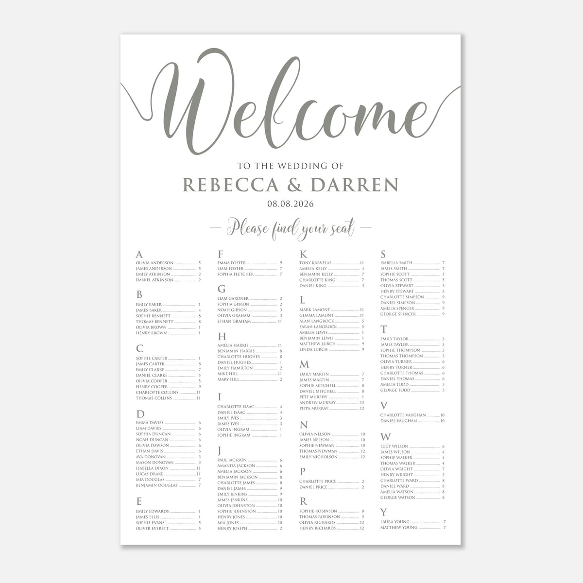 A wedding welcome seating chart print with elegant gray script and serif text on a white background, featuring the names of the bride and groom and a grid of seating sections labeled A through V.