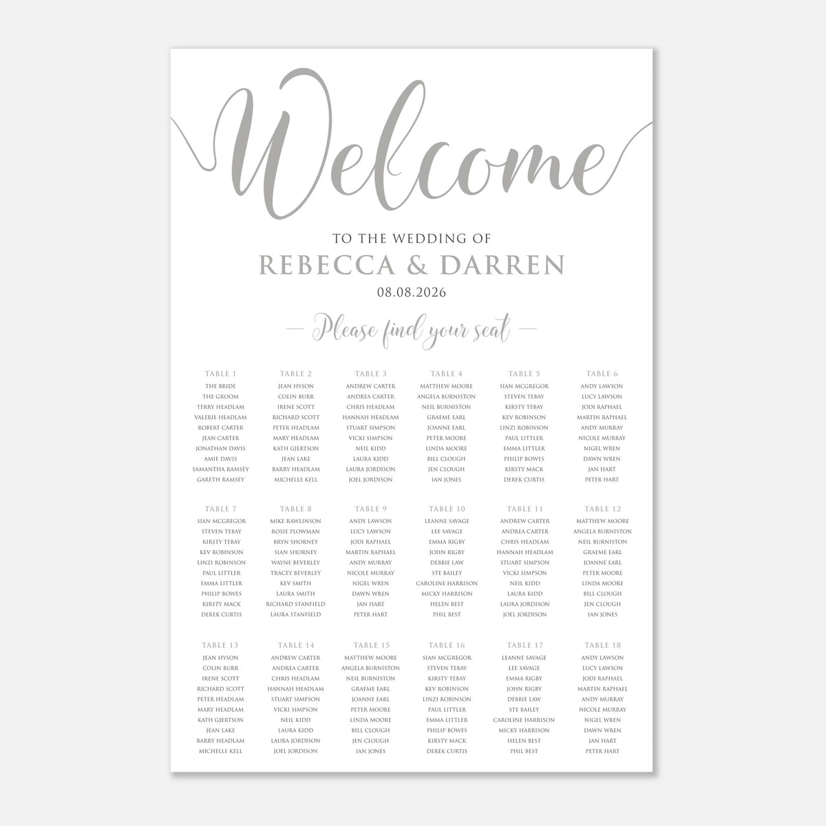 A wedding seating chart print with elegant silver script reading 'Welcome' and the names of the wedding couple, along with table assignments for guests, shown on a clean white background.