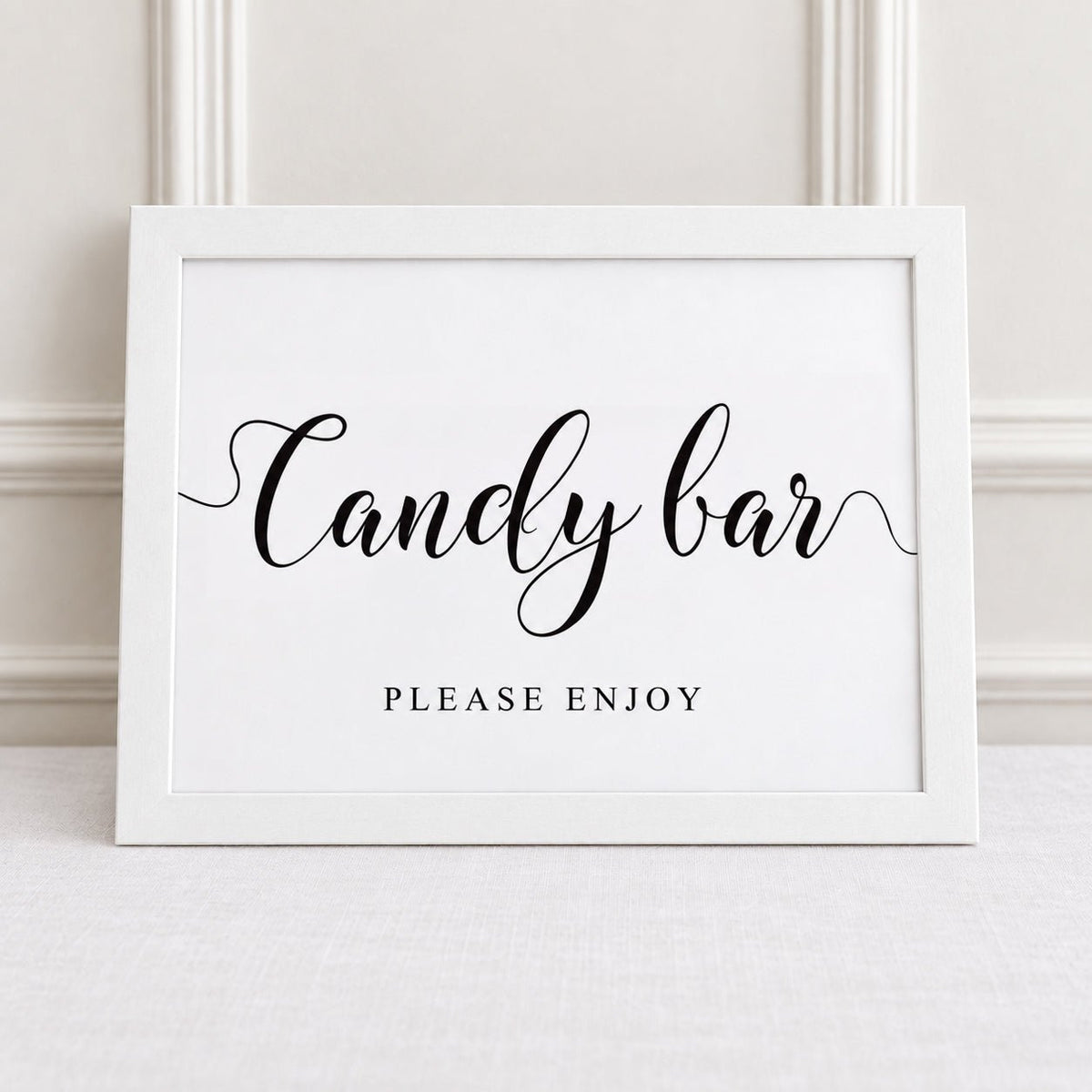 candy bar please enjoy white framed wedding party sign