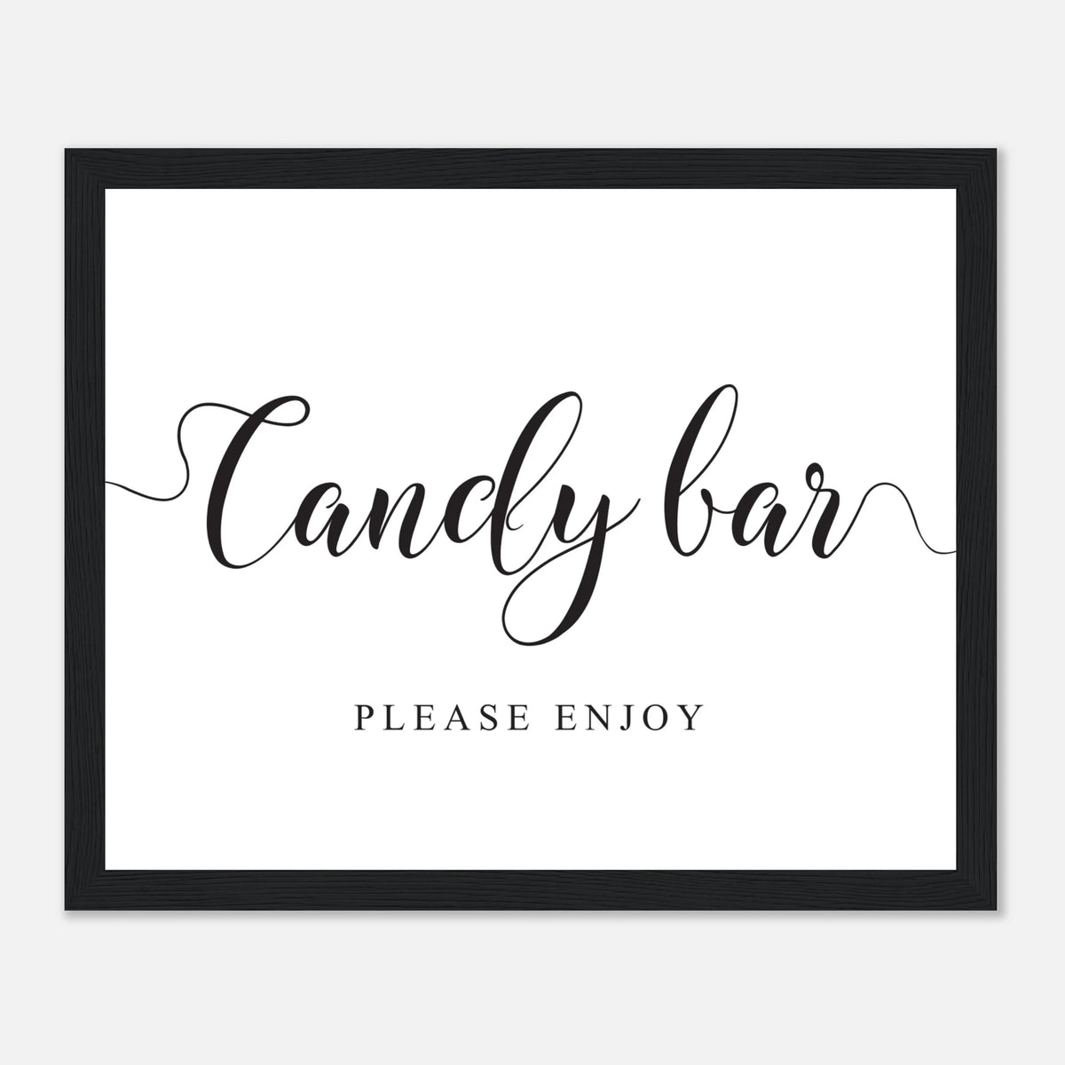 A framed black and white sign with the words 'Candy bar' in large script and 'PLEASE ENJOY' below, shown against a light gray background.