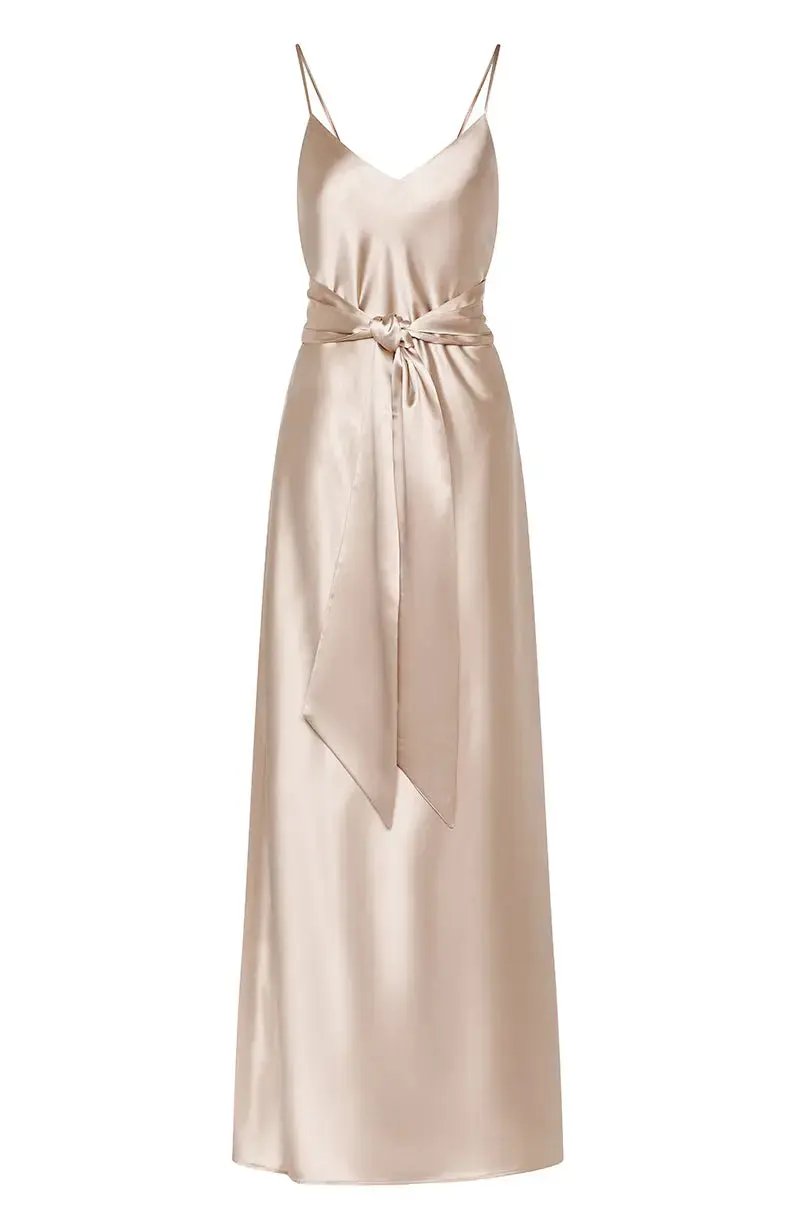 champagne Bridesmaid slip dress with a belt on a white background