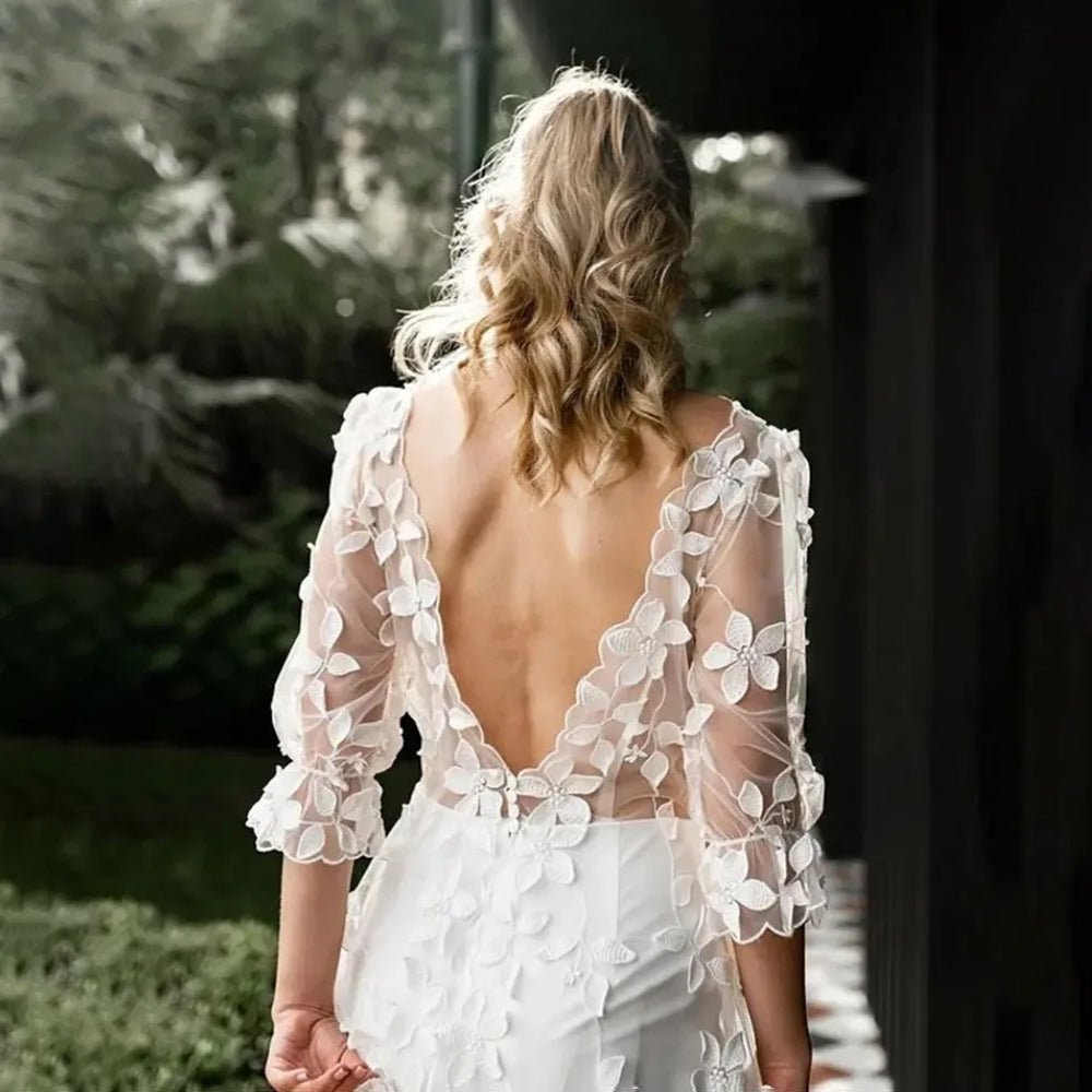 close-up back view of bride wearing a-Short Backless Wedding Dress with Floor-Length Train