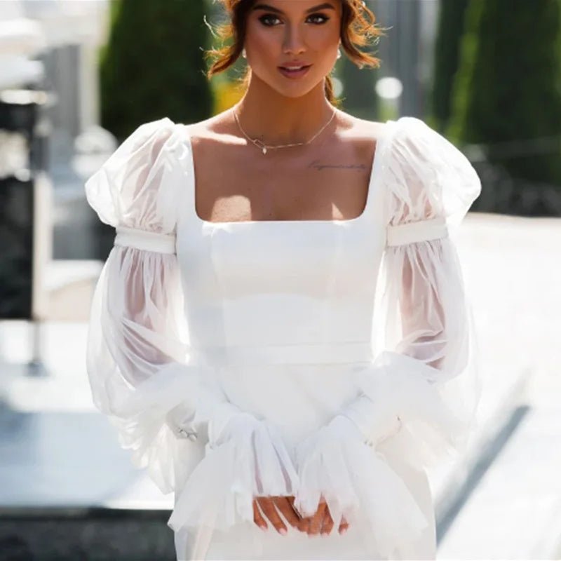 close-up front view of Modern Square Collar Wedding Dress with Full Puff Sleeves