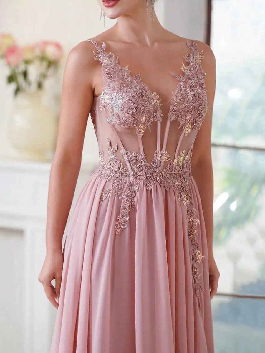 close-up of a girl wearing a pink luxury backless beaded a-line prom dress