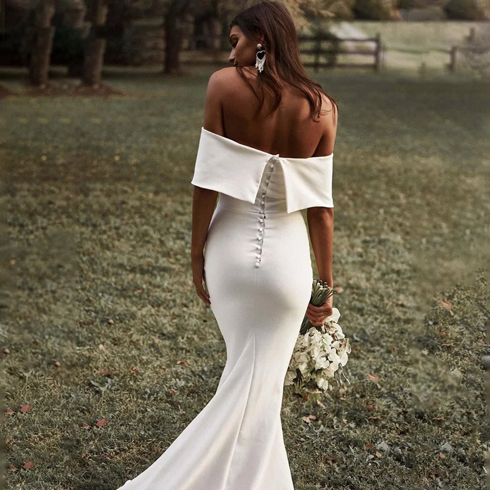 close up view of back of bride wearing Boho Off the Shoulder Mermaid Wedding Dress