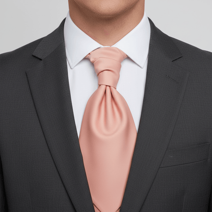 Man wearing a dark gray suit with a white shirt and pink tie against a light gray background