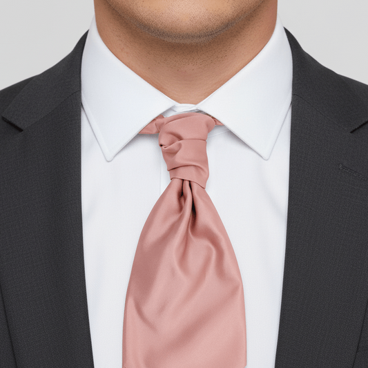 Man wearing a black suit with a white shirt and a pink necktie against a light gray background