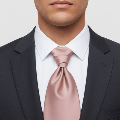Man wearing a dark suit with a white shirt and pink tie on a light gray background