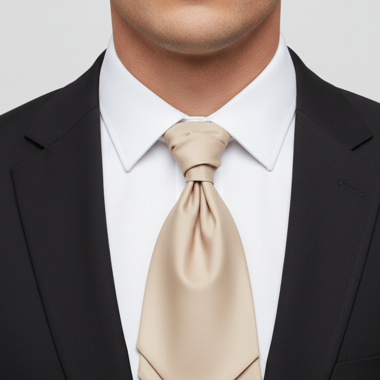 Man wearing a black suit with a white shirt and beige tie on a light gray background