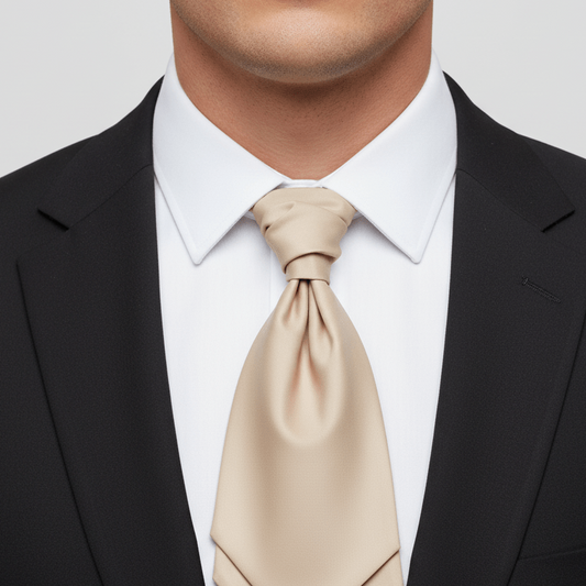 Man wearing a black suit with a white shirt and beige tie on a light gray background