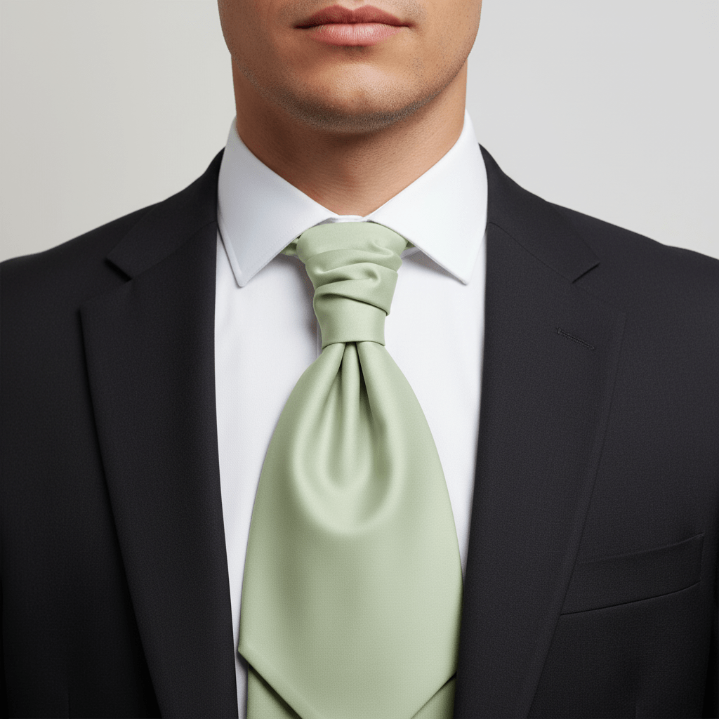 Man wearing a black suit with a white shirt and light green tie against a neutral background