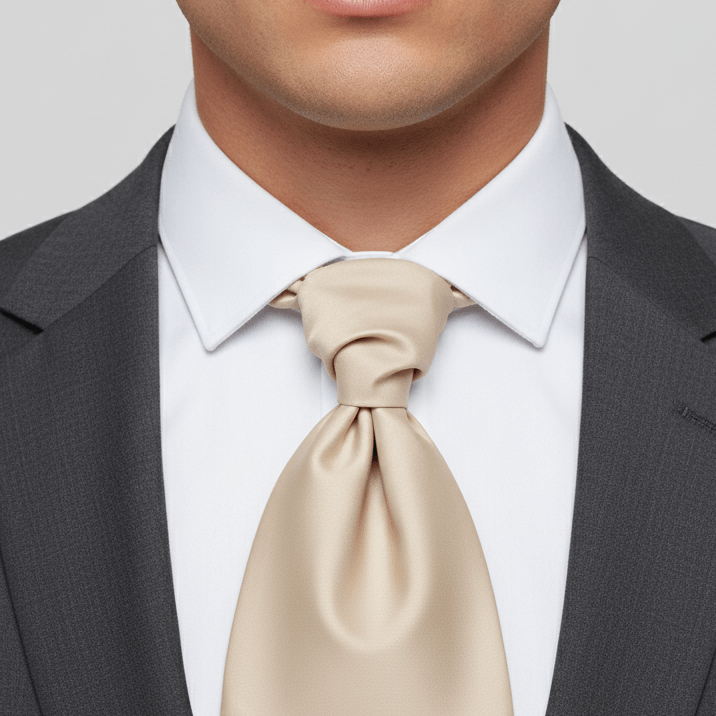 Man wearing a gray suit with a beige tie against a light gray background