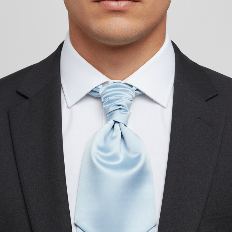 Man wearing a black suit with a light blue tie against a gray background