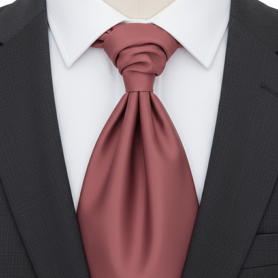 Maroon tie worn with a black suit and white shirt on a mannequin.