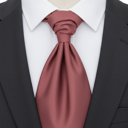 Maroon tie worn with a black suit and white shirt on a mannequin.