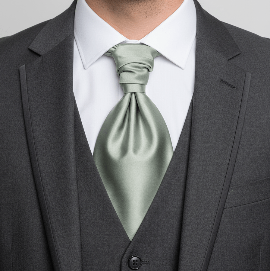 Man wearing a gray suit with a white shirt and green tie against a neutral background