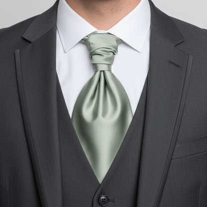 Man wearing a gray suit with a white shirt and green tie against a neutral background