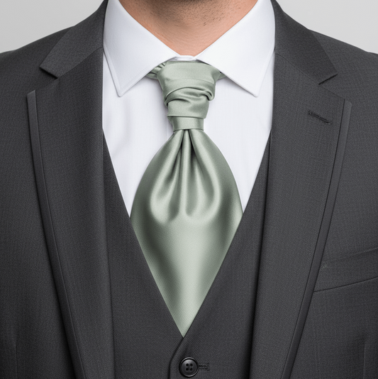 Man wearing a gray suit with a white shirt and green tie against a neutral background