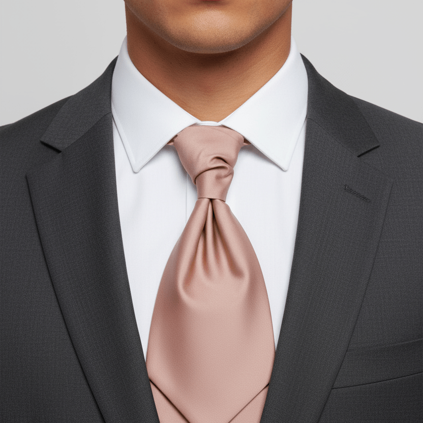 Man wearing a black suit with a white shirt and pink tie against a neutral background