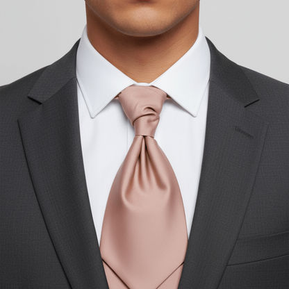 Man wearing a black suit with a white shirt and pink tie against a neutral background