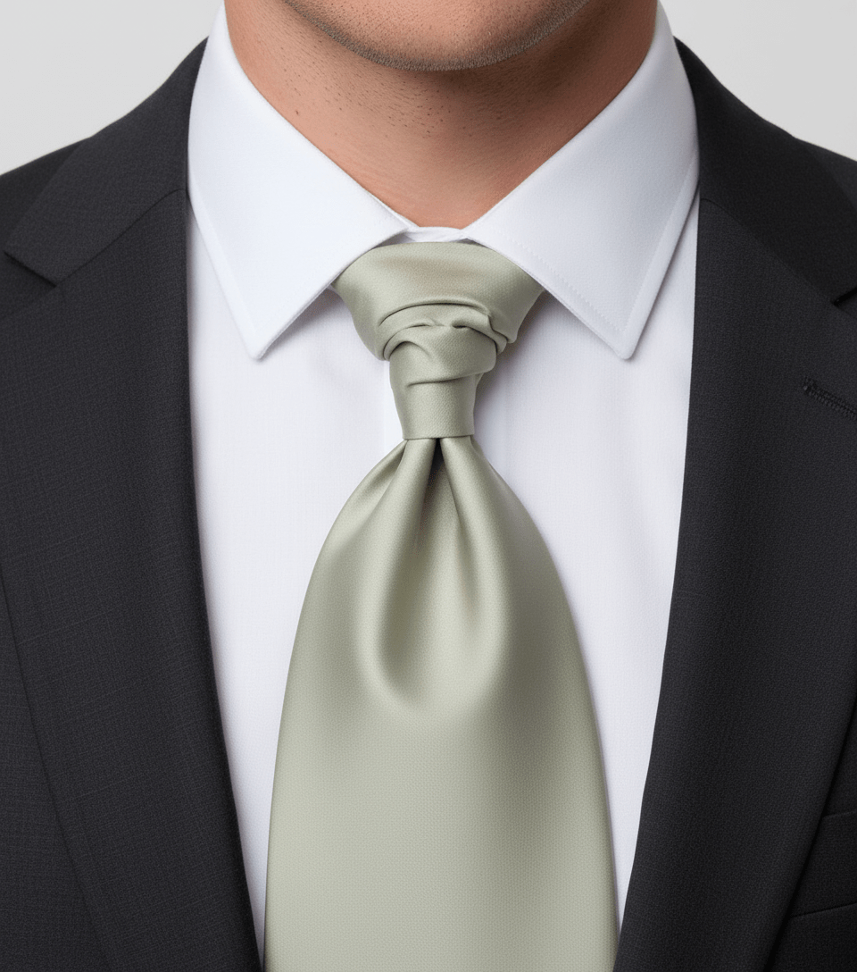 Man wearing a black suit, white shirt, and light green tie against a neutral background