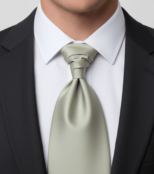 Man wearing a black suit, white shirt, and light green tie against a neutral background