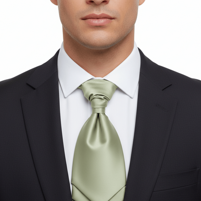 Man wearing a black suit with a white shirt and green tie on a white background